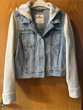 Hollister Light Blue Denim Jacket with Gray Hoodie Sleeves